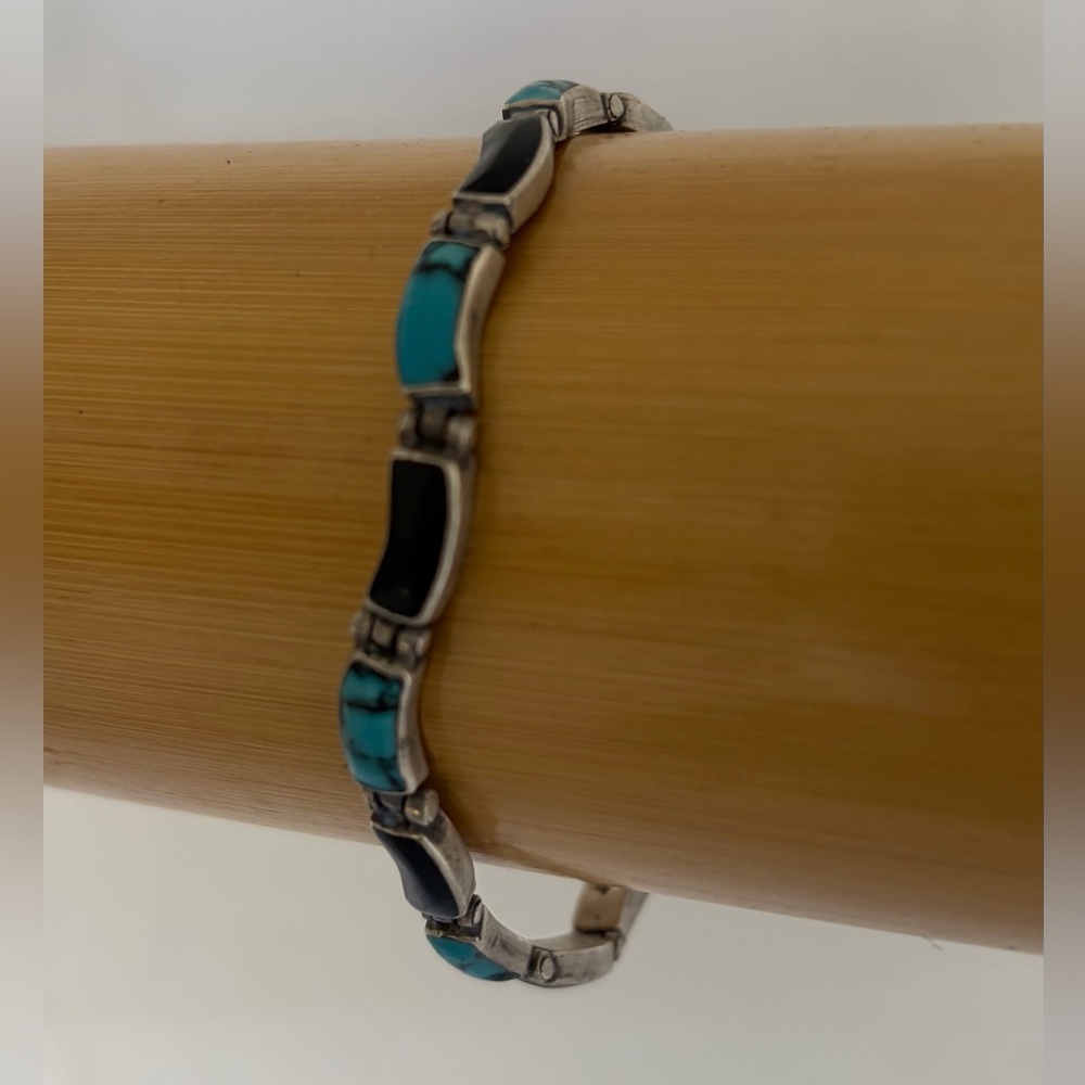 Sterling Silver  With Genuine Turquoise Bracelet 950 Stamped Mexico